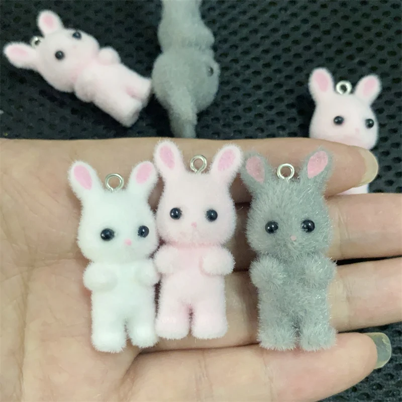 New arrived 30pcs/lot color flocking animals cartoon rabbits shape resin beads with hanger diy jewelry pendant accessory