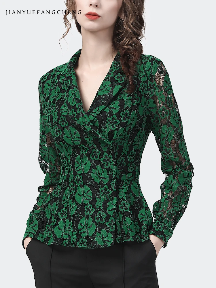 Fashion Womens Long Sleeve Suit Collar Green Lace Shirt Vintage Chic Side Placket Cinched Waist Ladies Top Casual Office Blouse