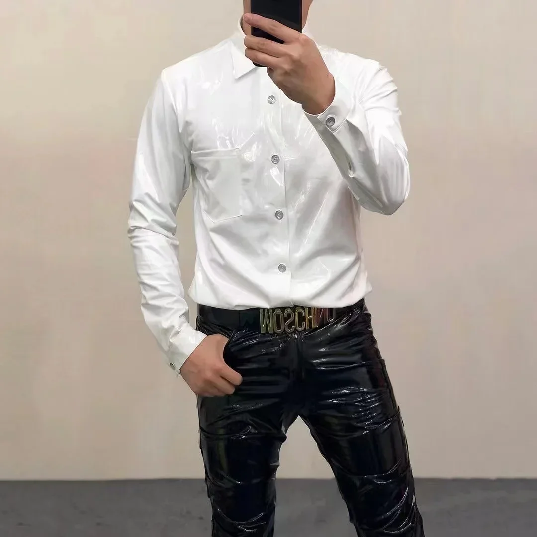 Men's Shiny Leather Shirts Casual Solid Color Streetwear Stand Collar PU Long sleeve Button-Down Slim Social Mens Shirt 2XS~5XL