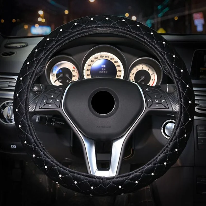 Crystal Diamond Car Steering Wheel Covers for Women Girl Plush Rhinestone covered Steering-Wheel Interior Accessories