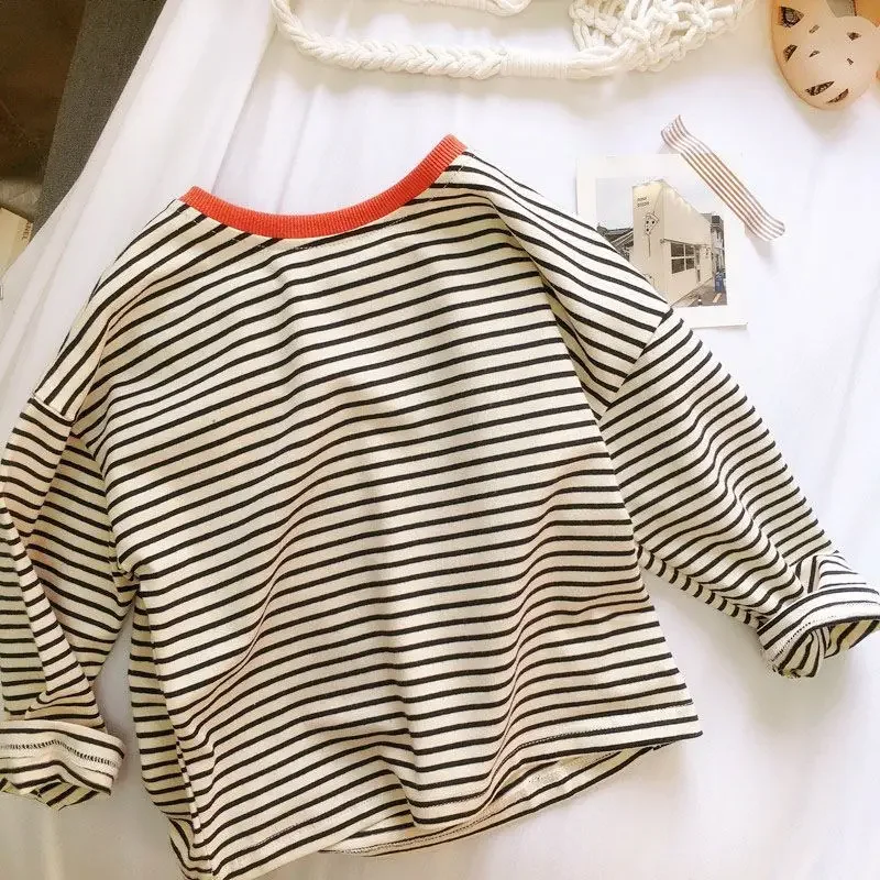 Herbst Frühling 1-5 Jahre Baby Mädchen Jungen Unterhemd Kinder Gestreiftes Langarm-T-Shirt Locker Weich Tägliche Kinder-Oberteil-Kleidung – Detail 8