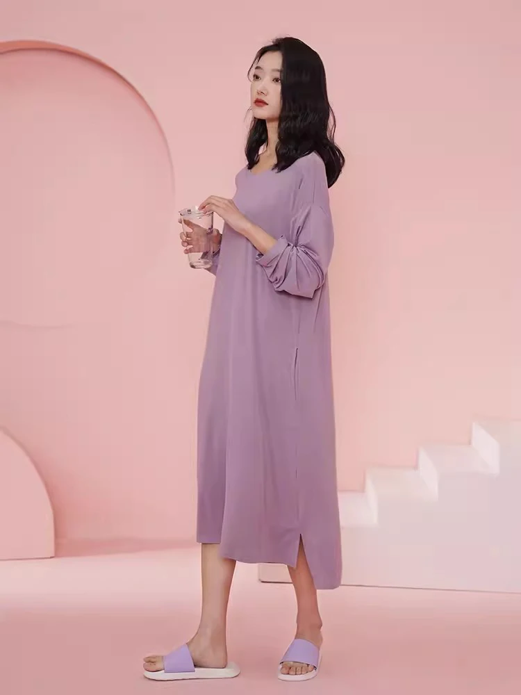 New Women Spring Autumn Modal Home Dress Simplicity O-Neck Long Sleeve Loose Nightgown Casual Comfortable Purple Pajamas