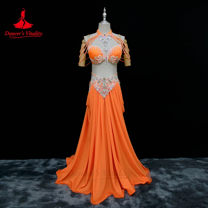 Belly Dance Performance Costume Suit for Women Cusotmsized AB Stones Perles Bra+long Skirt 2pcs Girl Oriental Stage Wear Outfit