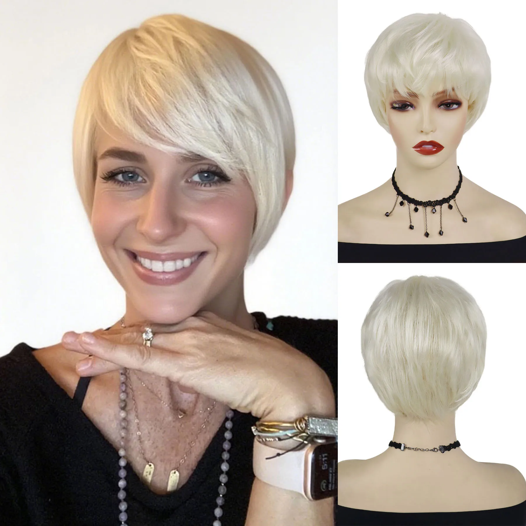 

Synthetic Light Blond Wigs for Women Short Hair Natural Wig with Bangs Platinum Blonde Wig Cosplay Straight Costume White Female