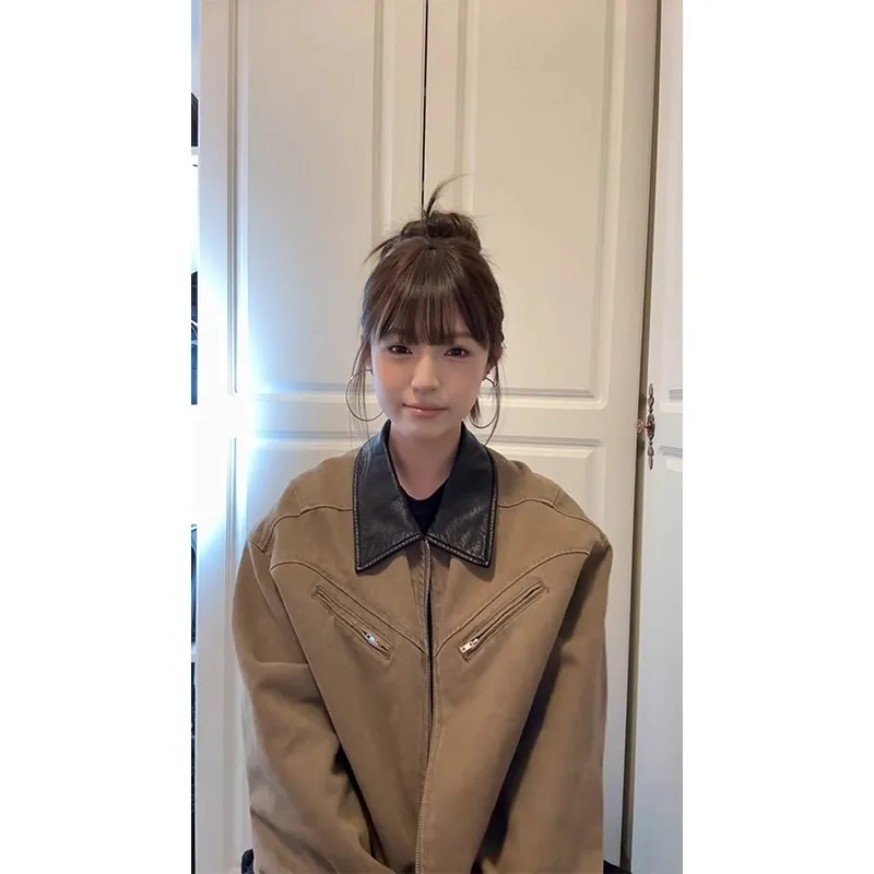 

Ретро американская рабочая одежда цвета хаки с воротником-молнией и свободным дизайном, осень-весна, длинное волокно из полиэстера