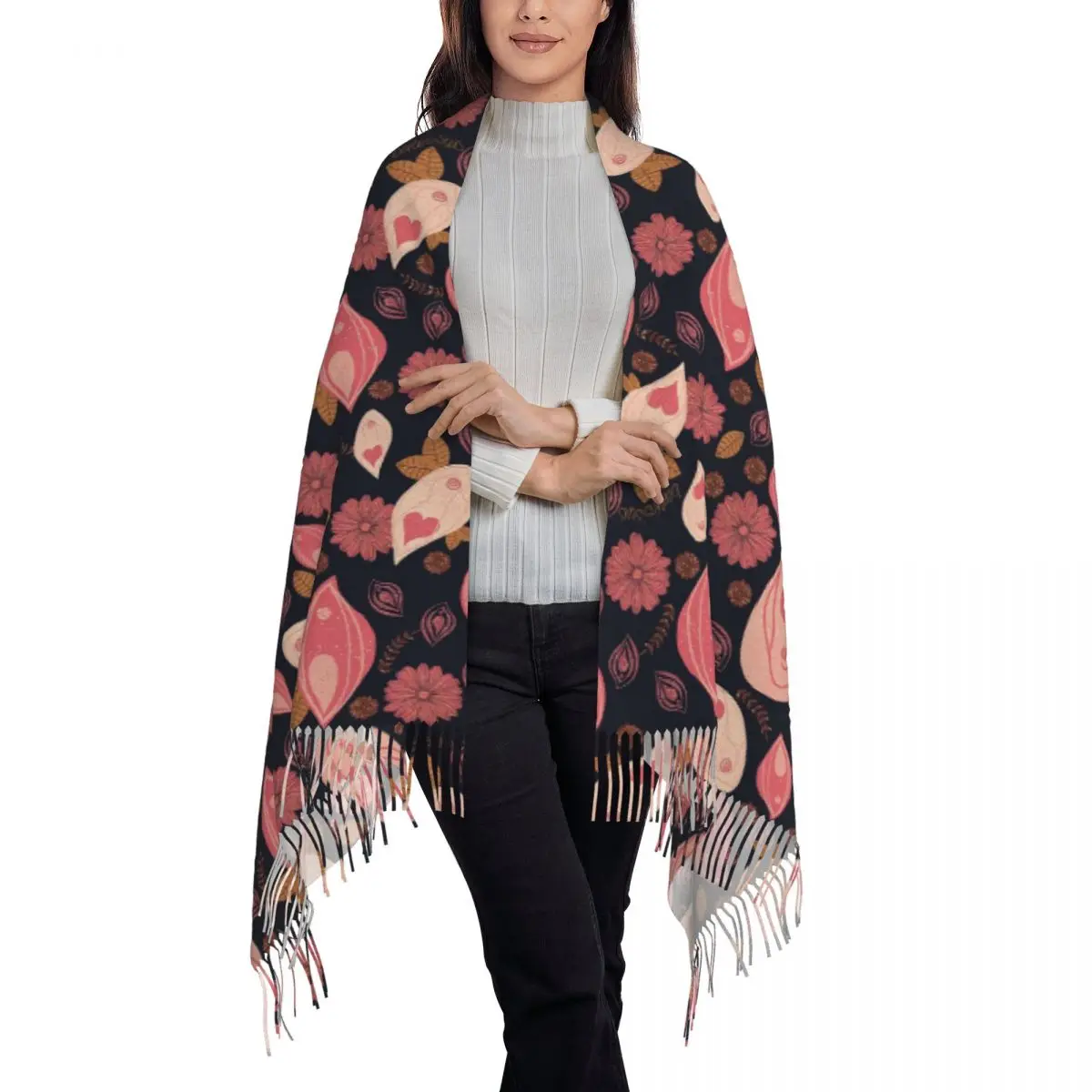 Vulva Flower Pattern Scarf Tassel Scarves Women Soft Warm Shawls and Wraps Large Fall Winter Shawl Wrap