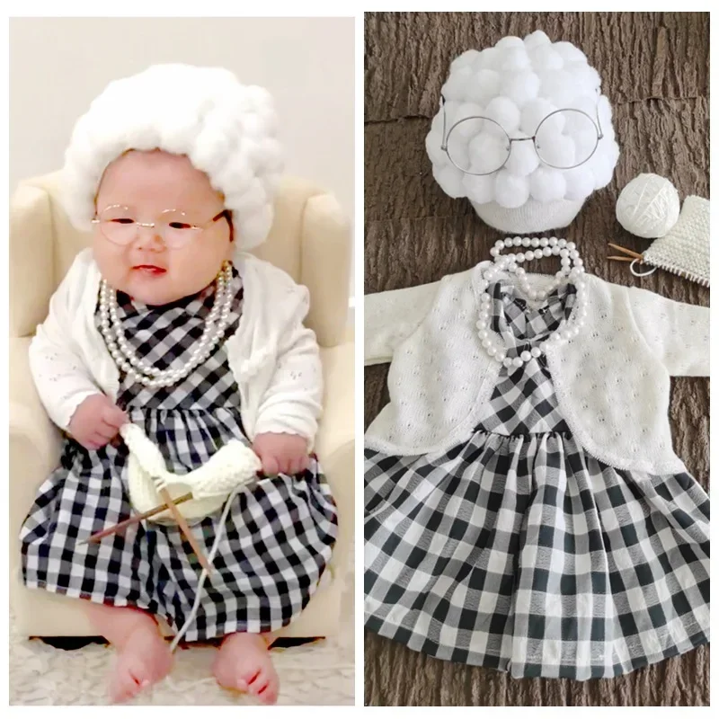 Grandma Cosplay Outfit With Hat Newborn Photo Prop Funny Costume For Baby Girls Indoor Studio Portrait Shooting Accessory