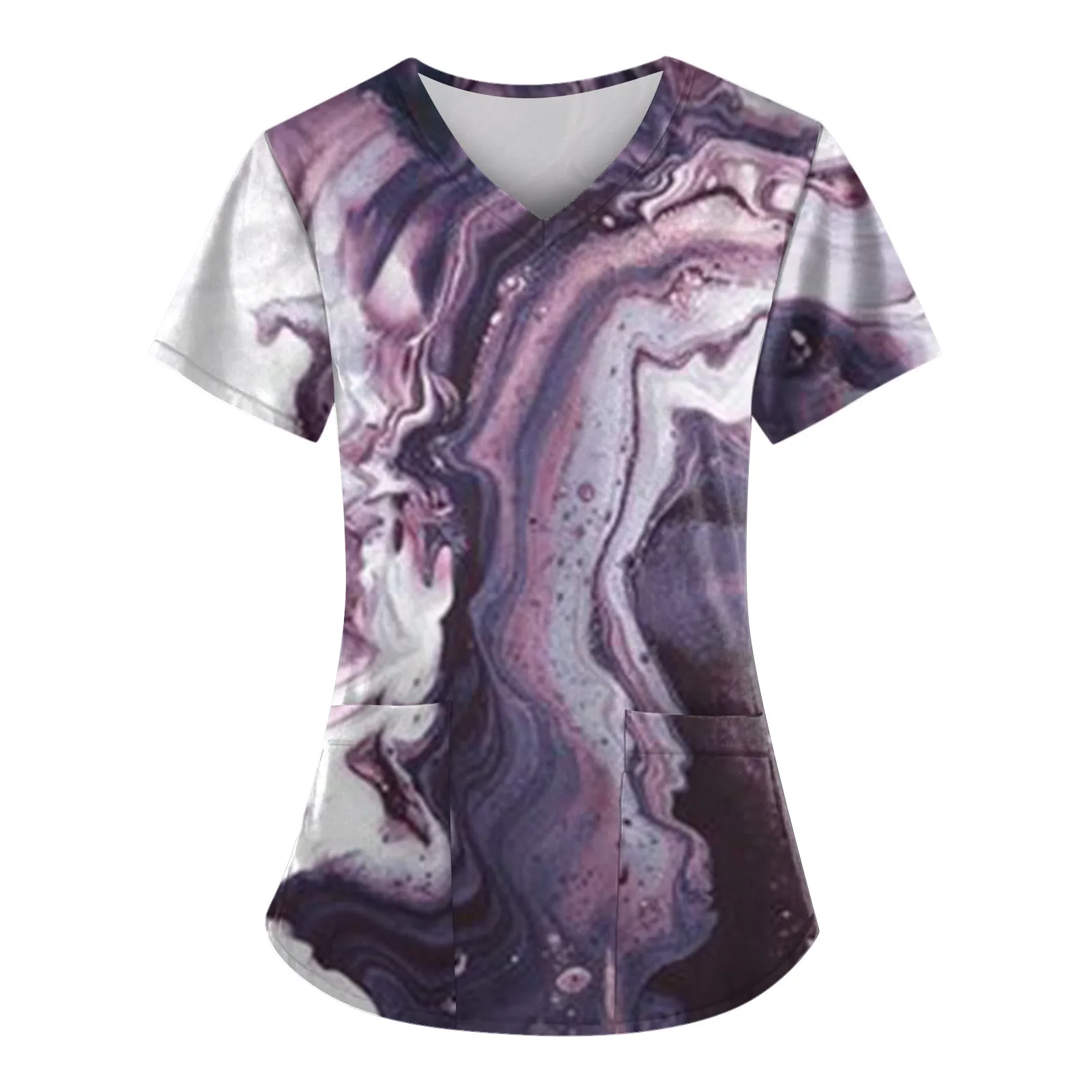 زي ممرضة نسائي عصري مطبوع عليه رخام مع جيب تي شيرت بأكمام قصيرة، زي تمريض ناعم وجيد التهوية