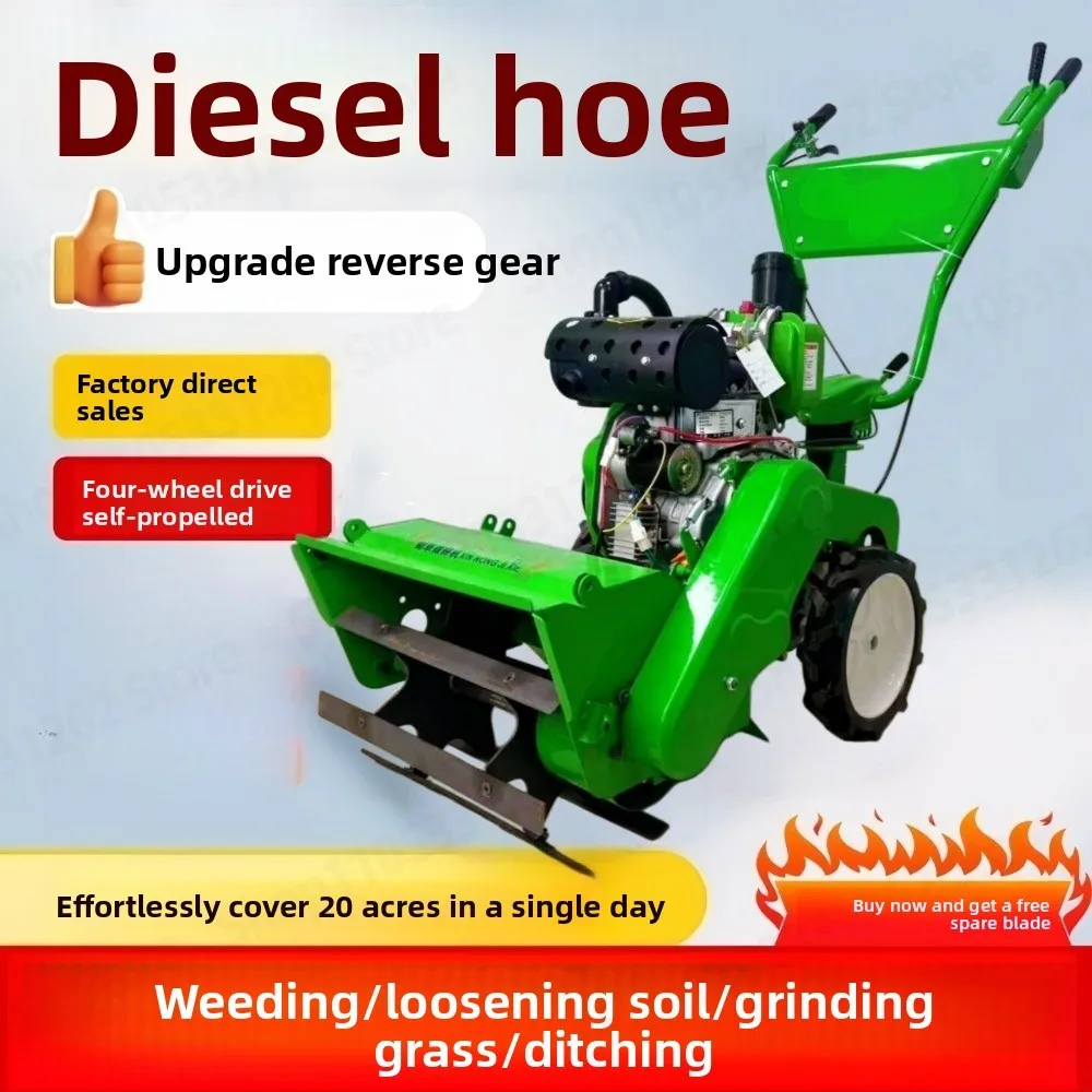 4WD Self Propelled Diesel Micro Cultivator High Power Furrow Tiller Weeder for Orchard Mountain Garden Handheld Rotary Tiller