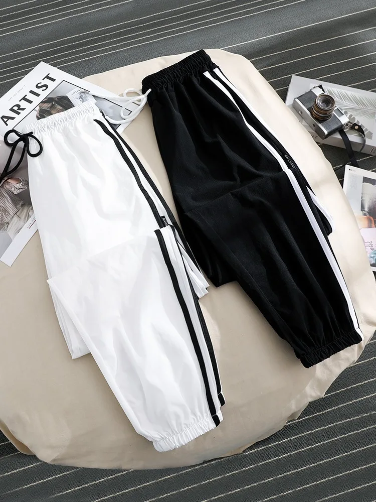 

Легкие спортивные брюки из ледяного шелка для женщин, летние тонкие полосатые брюки, защита от комаров, прохладные брюки-капри, повседневные брюки с высокой талией...