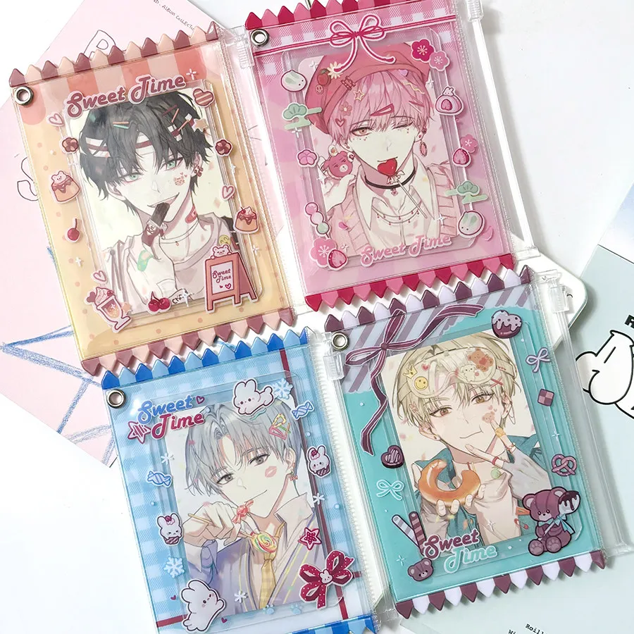 4Pcs Kawaii PVC Zipper Photocard Holder Bag Charm Cute Sweet Candy Aesthetic 3 Inch Card Badge Storage Pouch with Keychain Loop