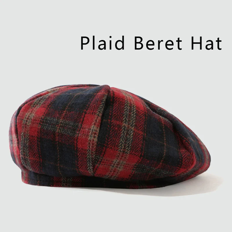 Plaid Beret Hat for Women British Retro College Painter Cap Vintage Check Beanie Autumn Winter Warm Streetwear Beret
