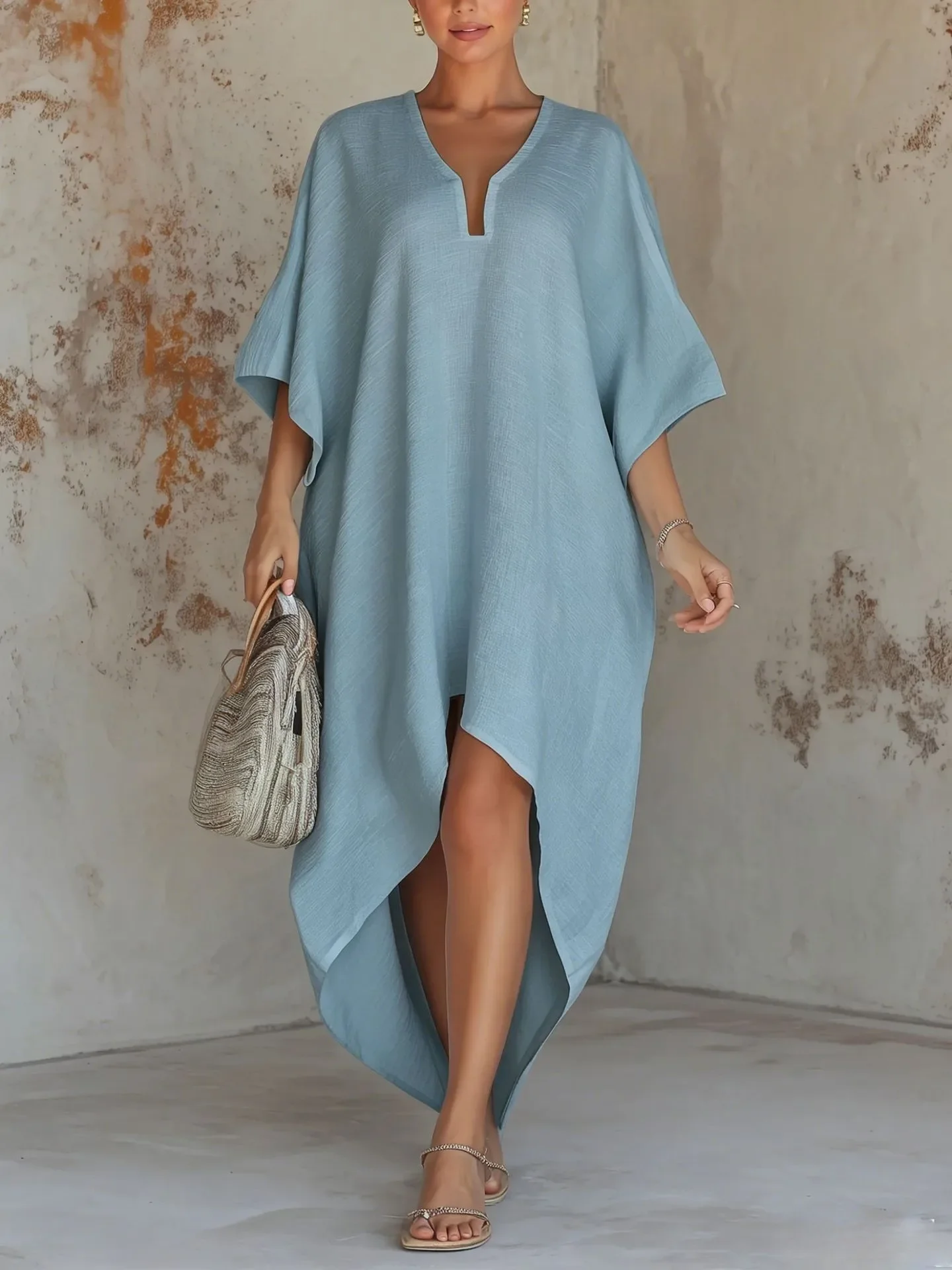 Women's Beachwear Tunic Long Beach V Neck Slit Swimwear Loose Fit Beach Dress Asymmetrical Hem Maxi White Streetwear