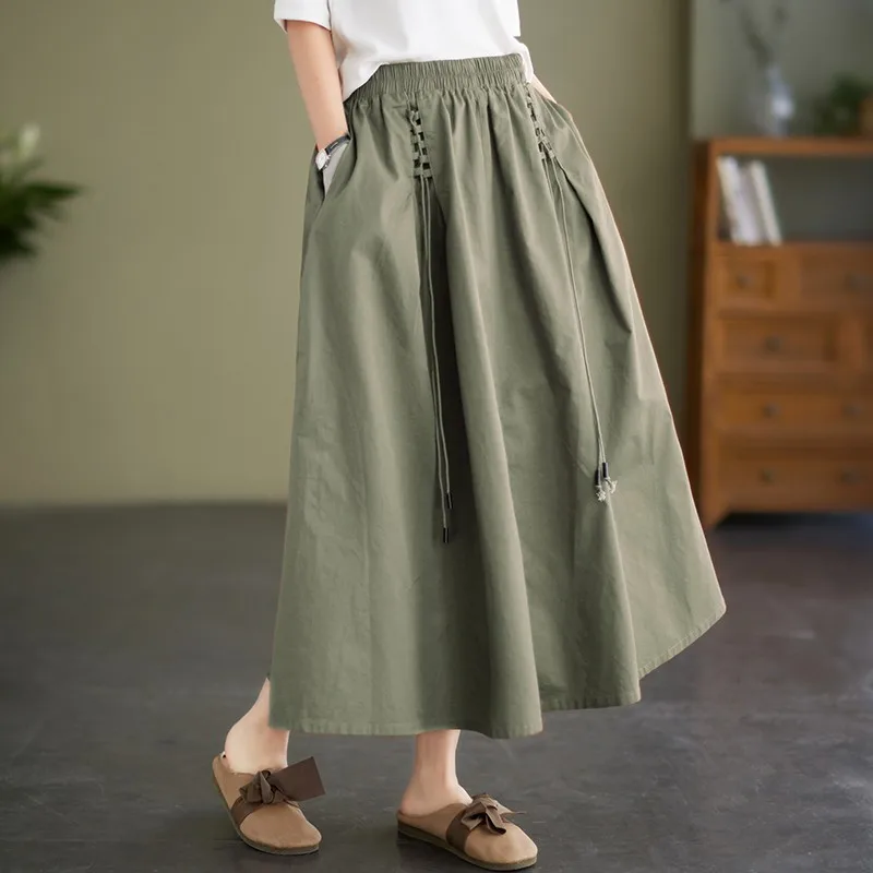 100% Cotton Women Casual Long Skirt New Arrival 2024 Summer Vintage Style Solid Color High Waist Female A-line Skirts B3653