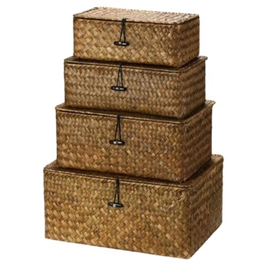 

Set of 4 Wicker Storage Baskets Organizer Handwoven Storage Bins with Lid for Organizing, Home Utility Box for Home Office Supp