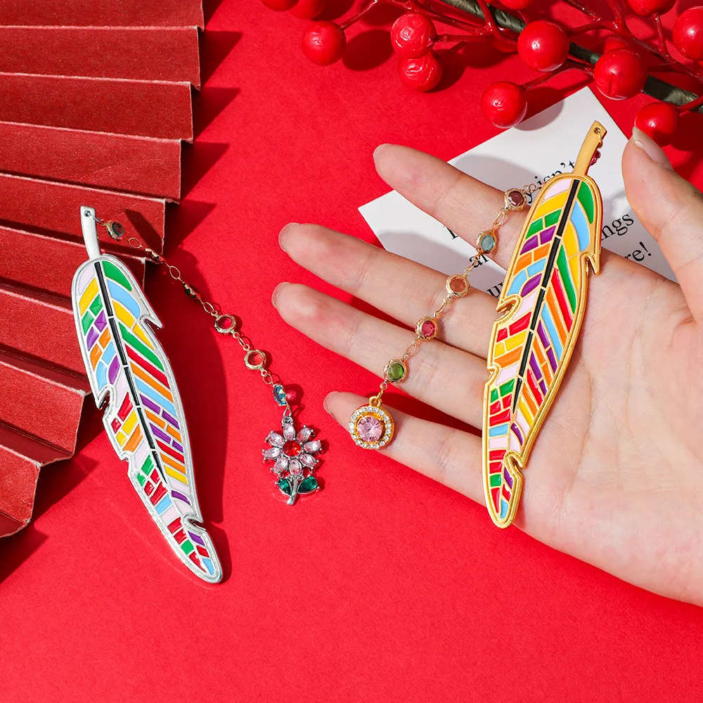 Creative Colorful Enamel Feather Metal Bookmark With Crystal Chain Pendant Page Holder Reading Accessories Stationery