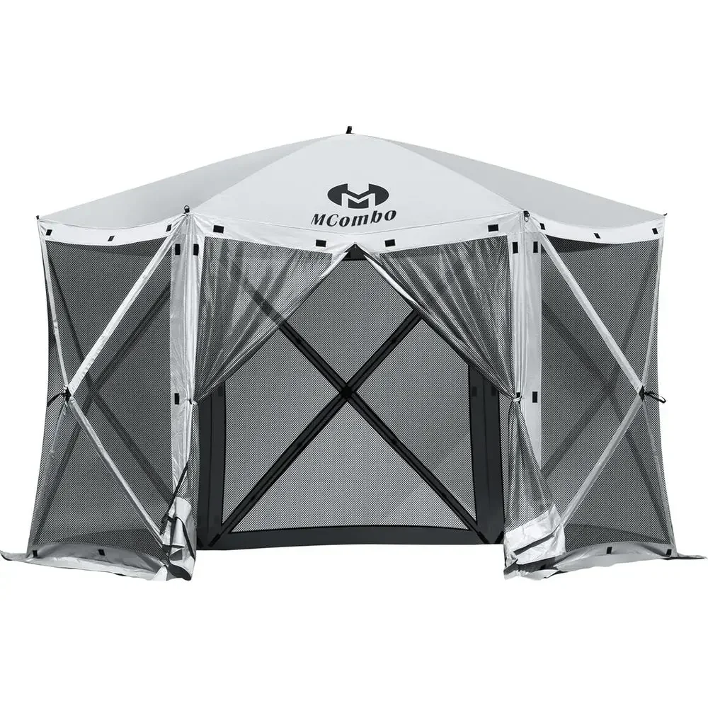 13x13ft 6-Sided Outdoor Gazebo with Netting, Quick-Setup Patio Pavilion, No Wind Panels, Silver Gray