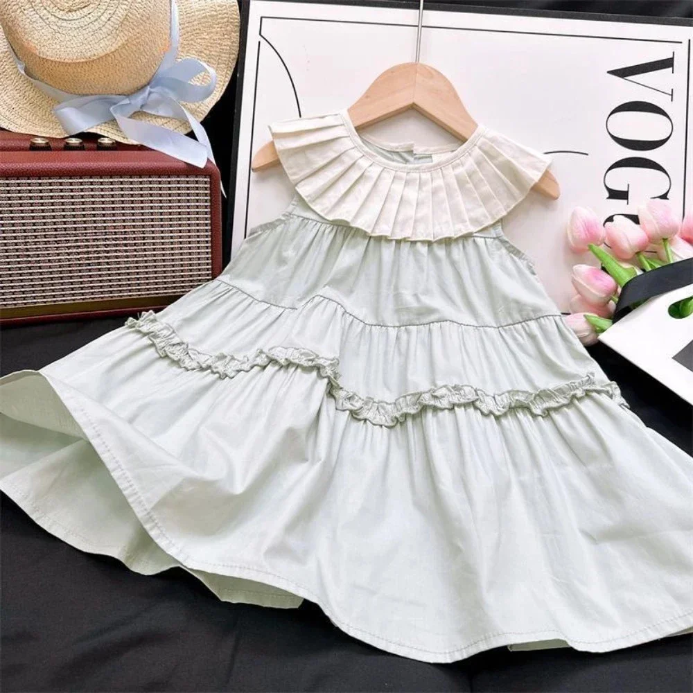 Summer New Lapel Girls Dress Pleated Patchwork Princess Cake Dresses Korean Version Plain Color Simple Children's Clothing