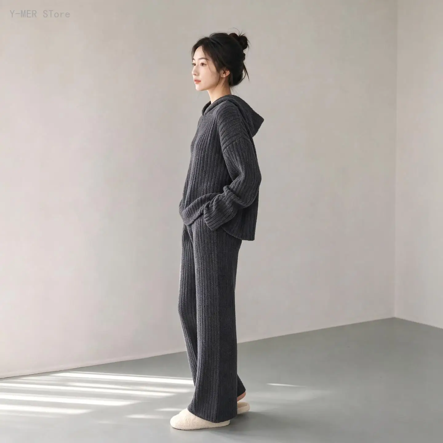 Women Korean Lazy Style Hooded Half Velvet Pajama Set Soft Vertical Texture Loose Wearable Outside Autumn Winter Sleepwear