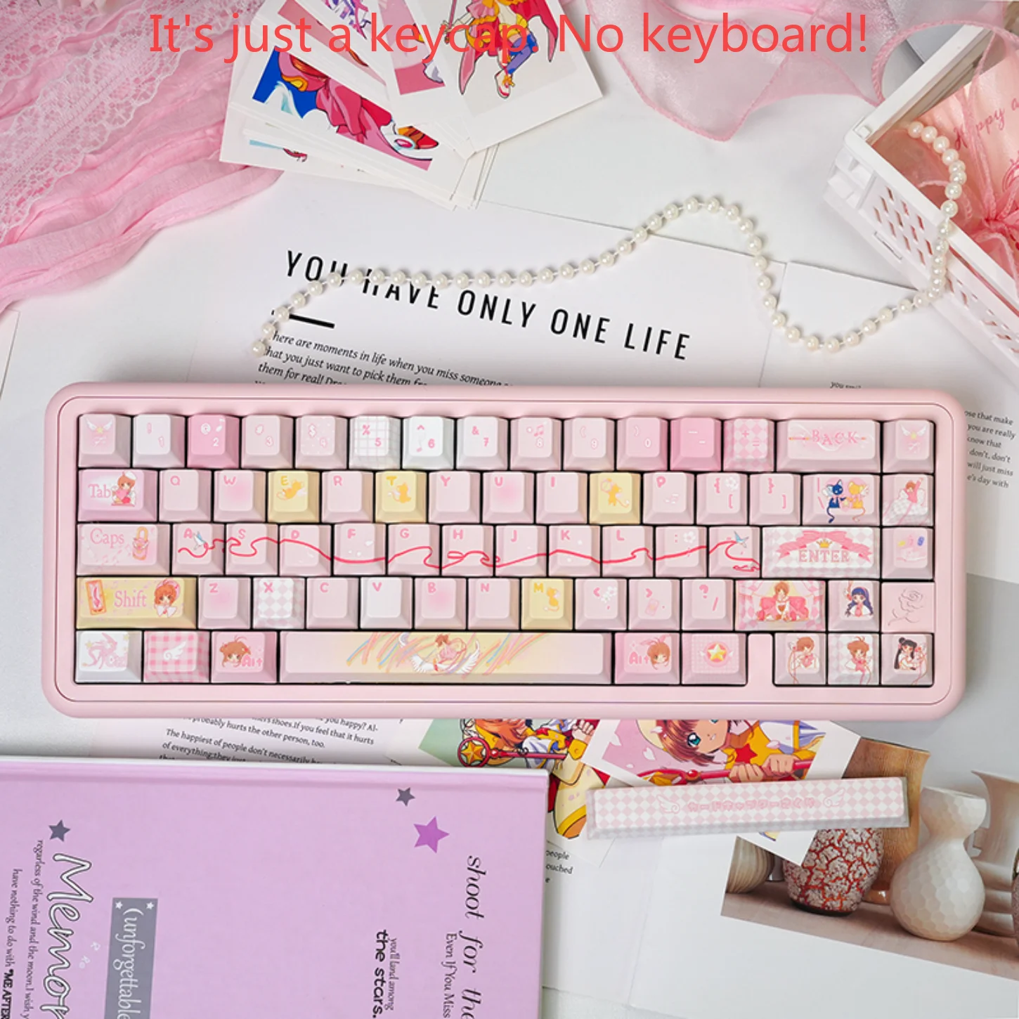 Cartoon Sakura Anime Cherry Keycap PBT 132 Key, Specially Customized for 60/64/84/98/108 Girls' Mechanical Keyboard