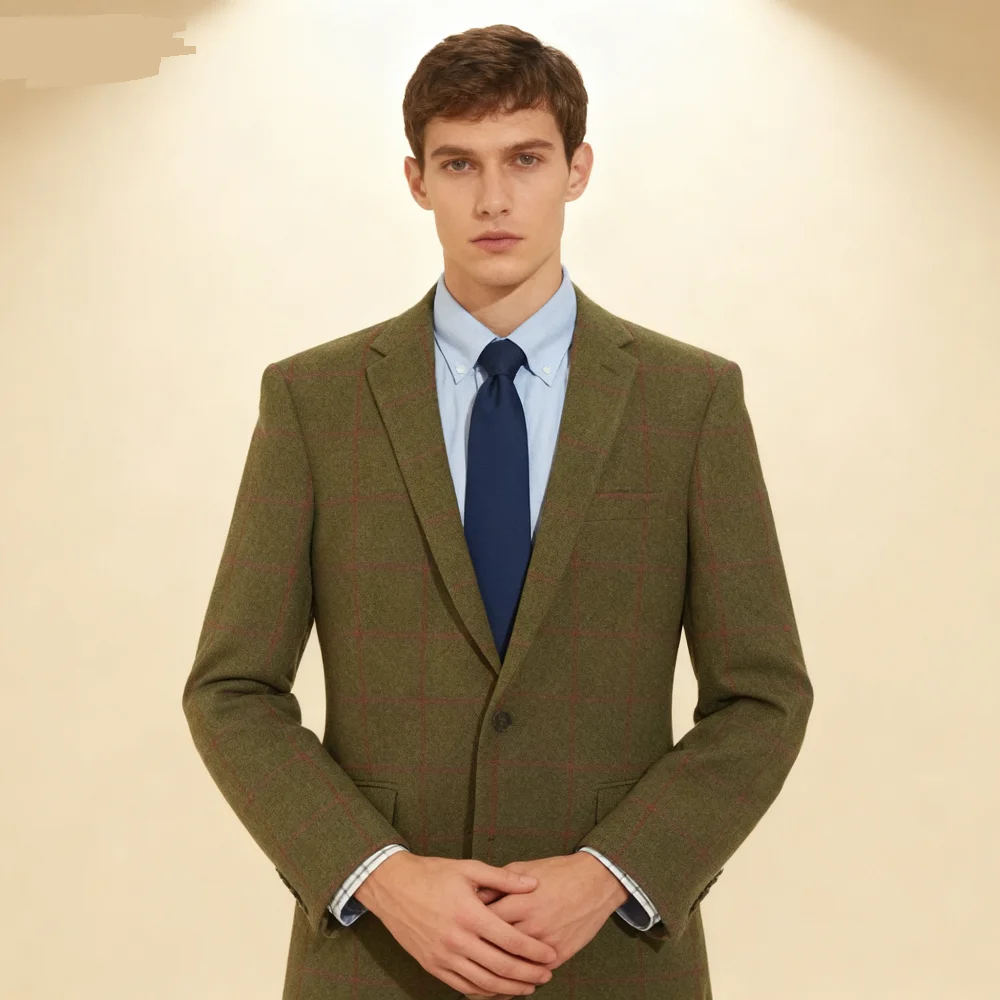 

Men's Plaid Green Woolen Coat High Quality Autumn Winter Casual Thickened Button-Up Jacket Outerwear Blouson Style