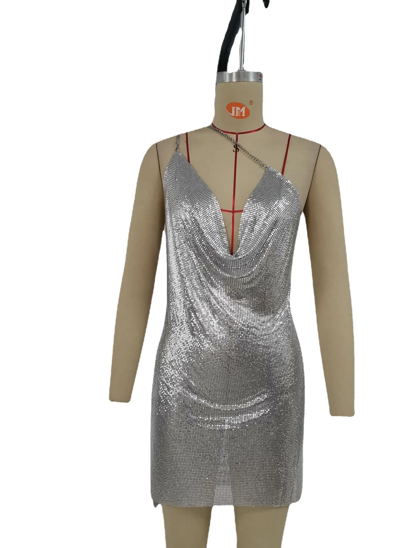 

High Quality Waist Commuting Camisole Style High-End Mid Skirt Solid Color Silver Dress LBZ1652