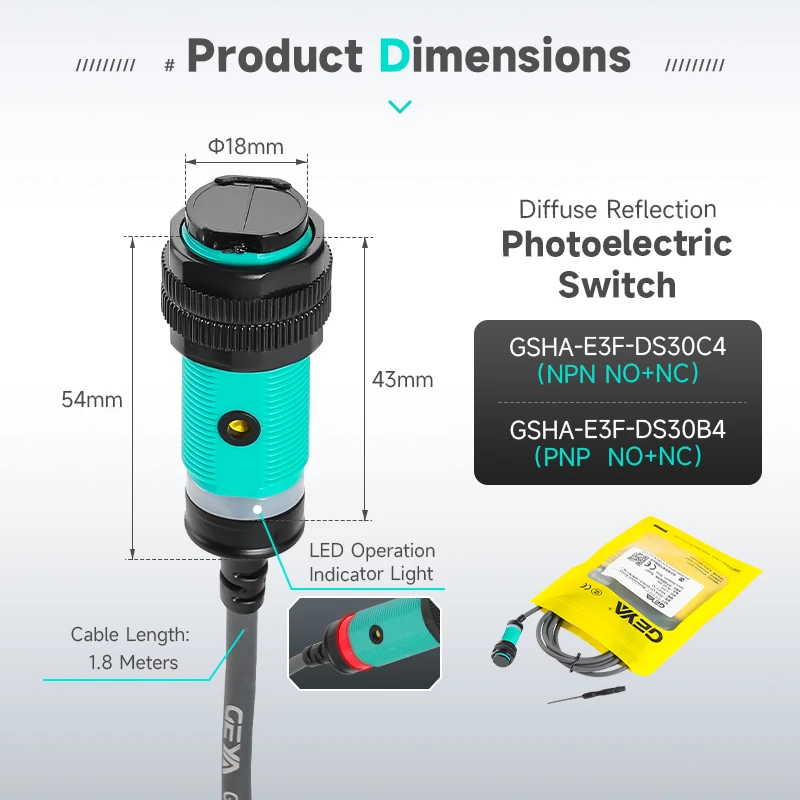 Sensor fotoeléctrico multitipo GEYA (10-500 cm) NPN/PNP DC10-30V IP66 para automatización industrial