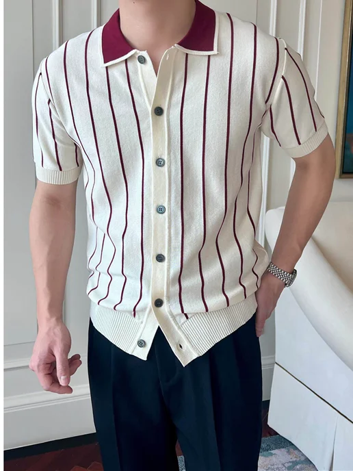 

Casual Stripe irt Men Summer Busin Iron-Free Slim Fit ort Sve Knitted Thin T-irt Breathable Youth Faion