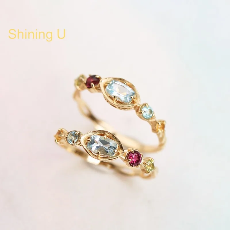 Shining U 925 Sterling Silver Pale Blue Topaz Citrine Ring for Women Fine Jewelry Summer
