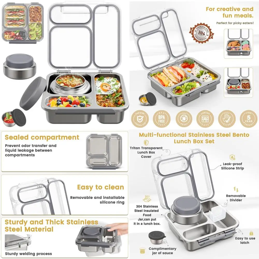 

Stainless Steel Bento Lunch Box with 7oz Soup Thermo, 3 Compartments, BPA-Free for Adults and Kids (Grey)