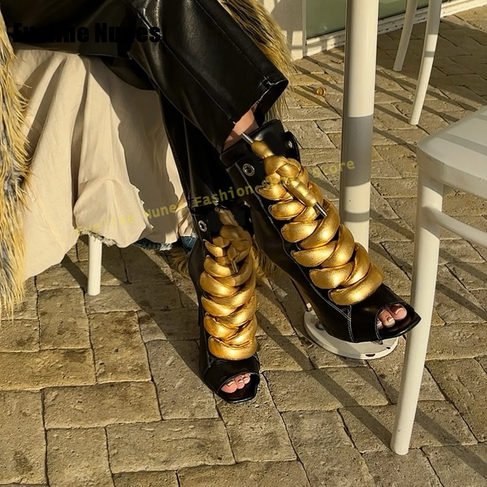 Women's Black Gold Chain Decor Peep Toe Heels Stiletto Mixed Color Ankle Booties Sexy Club Party Fashion Statement Sandals 2026