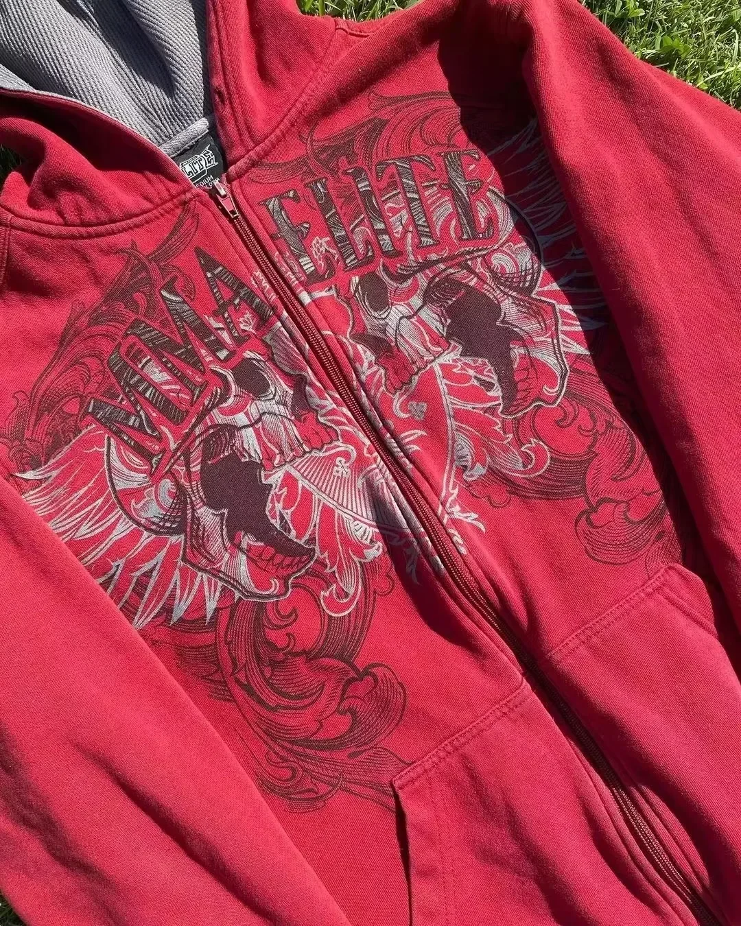 2025 New Red Hip Hop Zipper Hoodies Vintage Elite Full Zip Hoodie Sweatshirt Size Skull Printing Red Sweatshirts