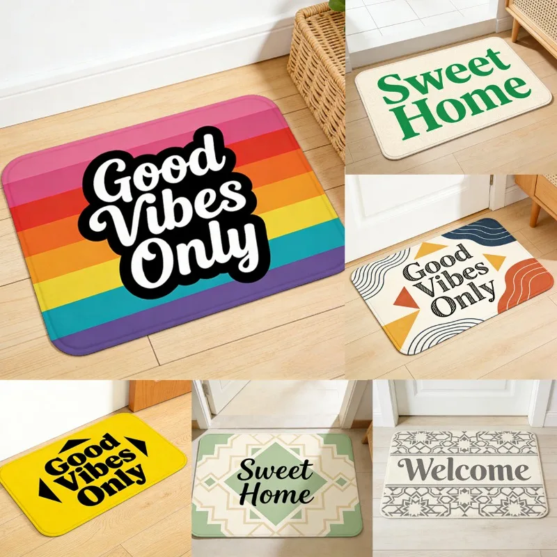 Tapete de Flanela VIKAMA Good Vibes Only Sweet Home, Tapete de Entrada Antiderrapante, Tapete de Boas-Vindas Estilo Ins