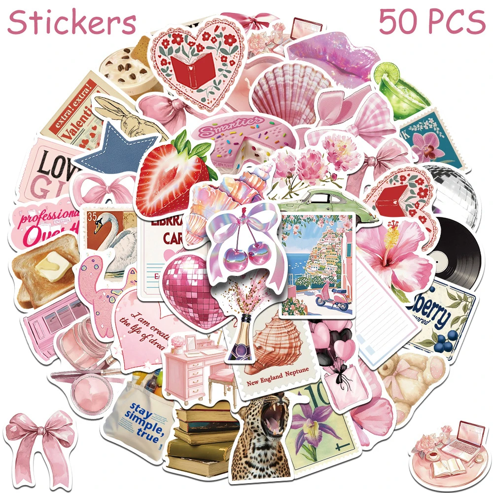 

10/30/50pcs Ins Style Retro Pink Girl Aesthetic Stickers Kawaii Cartoon Decals Water Bottle Phone Suitcase Graffiti Sticker Pack