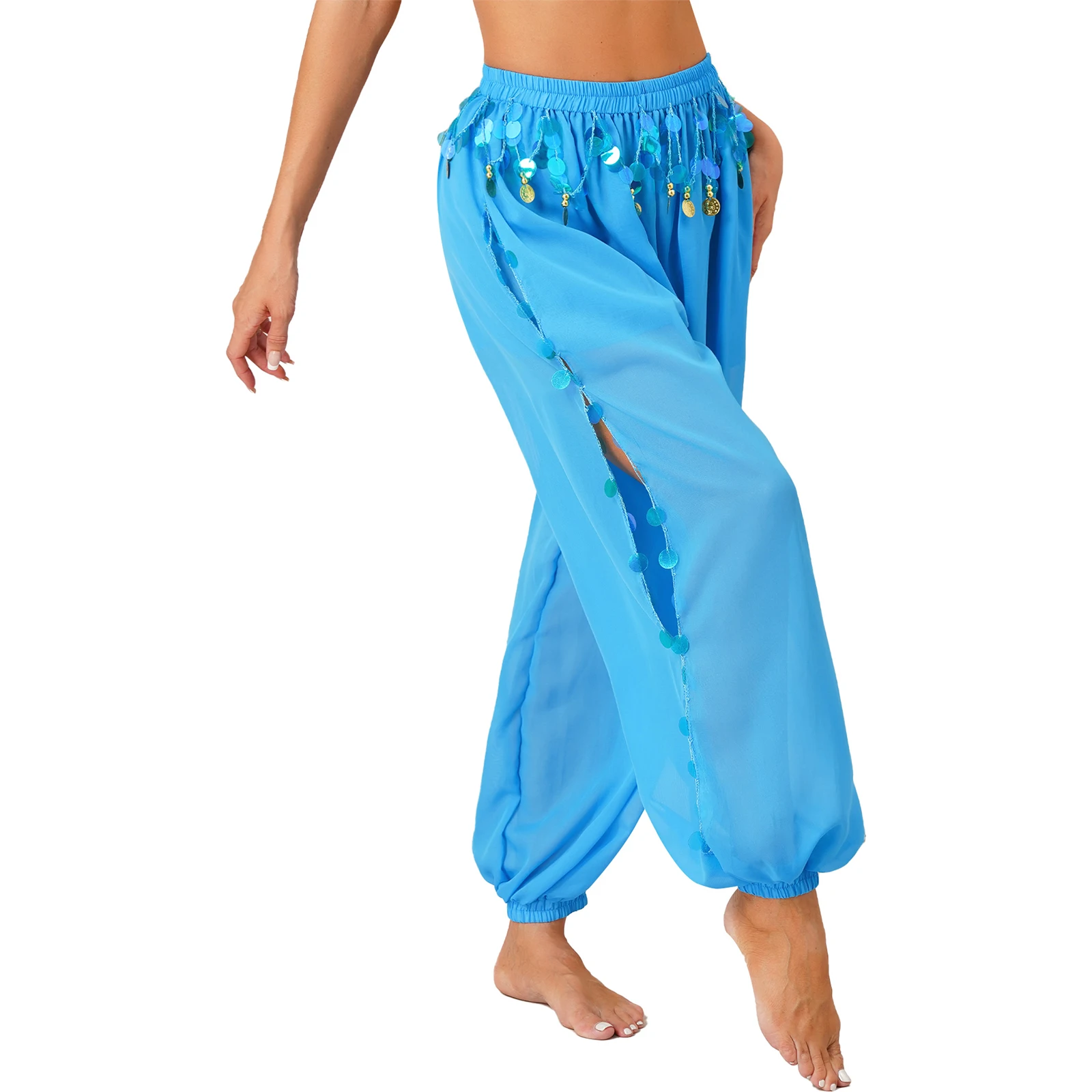 Womens Belly Dance Harem Pants Hippie Shiny Sequins Side Split Coins Lantern Pants Trousers Tribal Arabic Halloween Costume