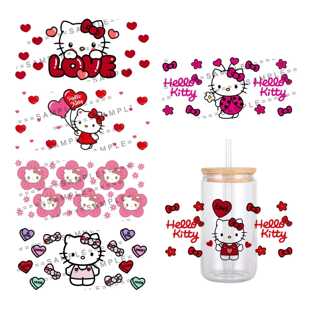 Valentijnsdag Sanrio Hello Kitty UV DTF Transfer Sticker Waterdichte Transfers Decals Voor 16oz Glazen Cup Wrap Stickers