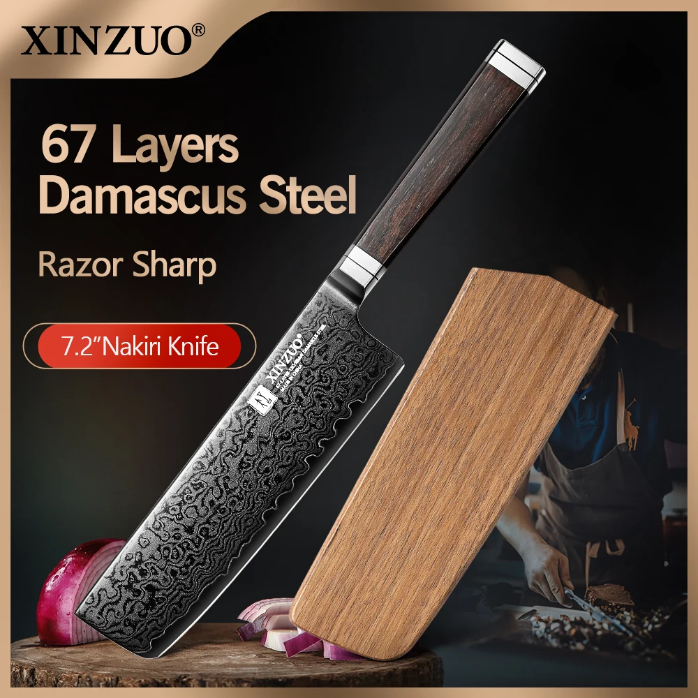 XINZUO 7.17 Inches Nakiri Knife Original Design 67 Layers Damascus Steel With 15 Degree Edge And Ebony Handle For Vegetable