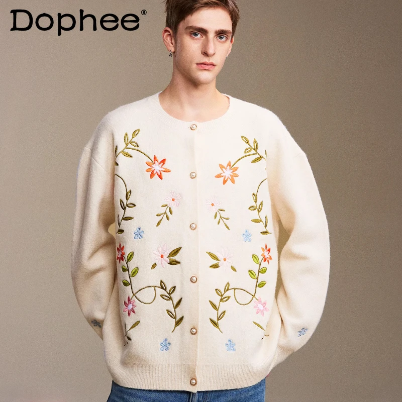 

Men Women 2025 Autumn New Couple Fashion Versatile Tops Retro Floral Embroidery Cardigan Sweaters Long Sleeve Chic Knitted Tops