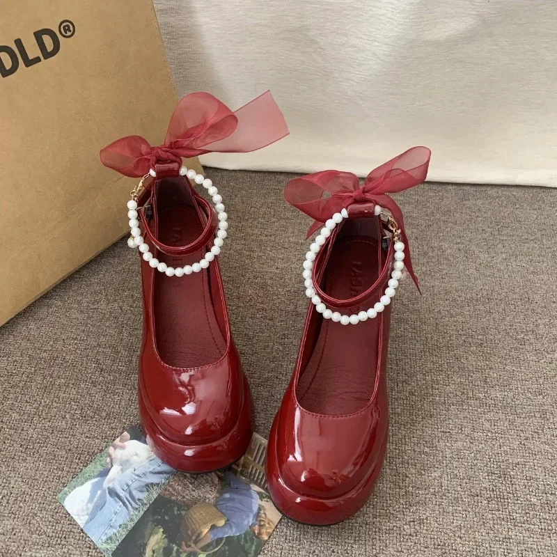 Zapatos Mary Jane para mujer, novedad de primavera, tacón ultraalto, cadena de perlas con plataforma, tacón de bloque, zapatos de boda, zapatos Lolita