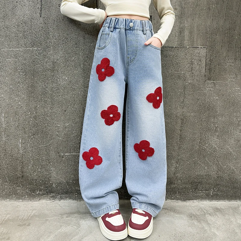 Spring Autumn Children Blue Jeans with Applique for Teenage Girls High Fashion Street Pants Kids Casual Denim Trousers Age 5-14Y
