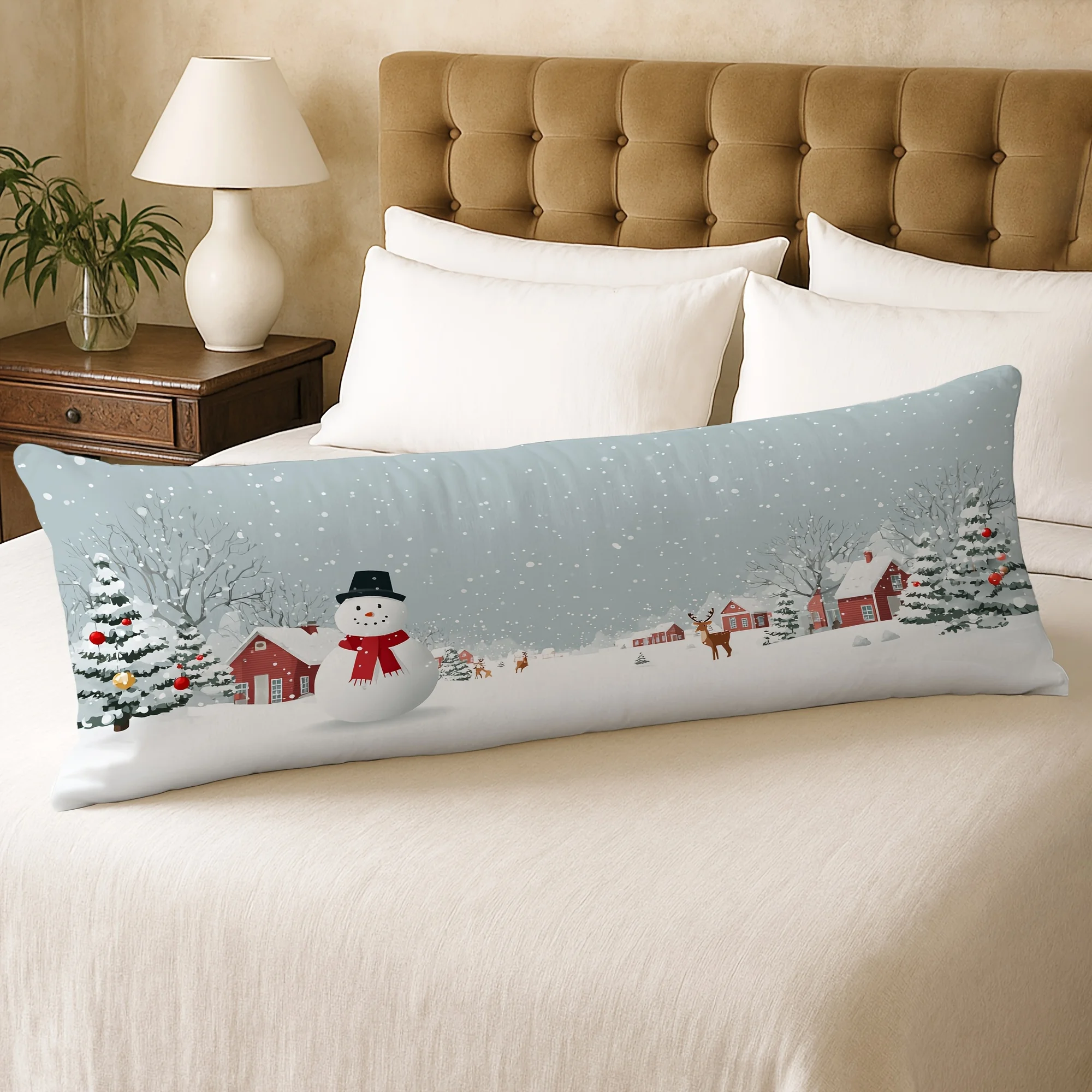 1pc Body Pillow Cover Christmas Decoration Easy Natural Snowman Christmas Tree Deer House 20*54 Inches Suitable for Living Room