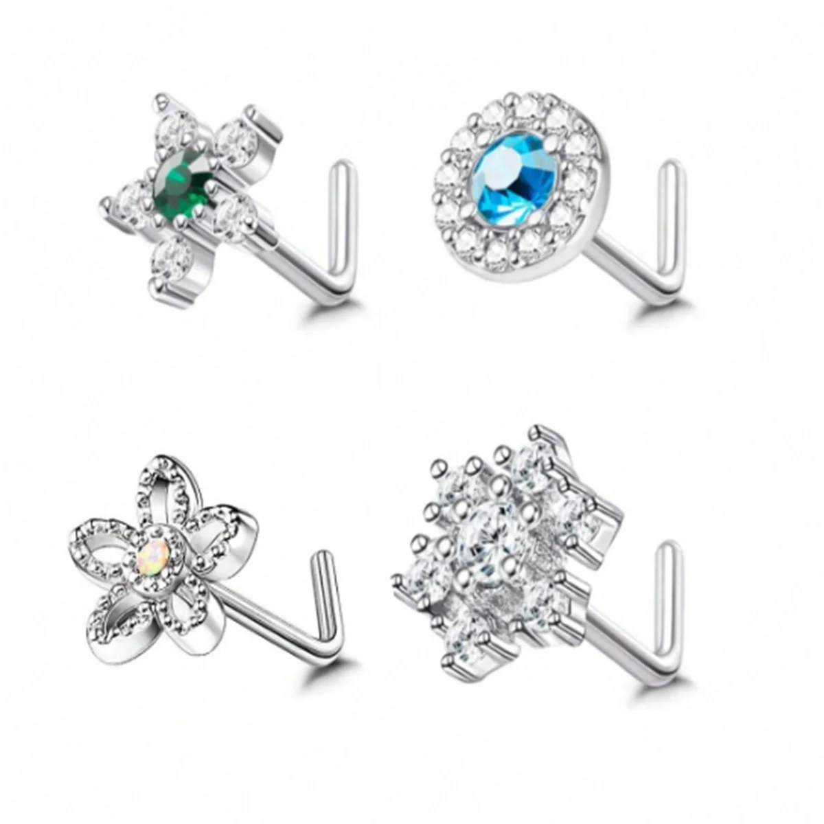 1/8pcs 20G Stainless Steel Nose Rings Studs,L Shape Cubic Zerconia Star Flower Round Nose Stud Hypoallergenic Piercing Jewelry