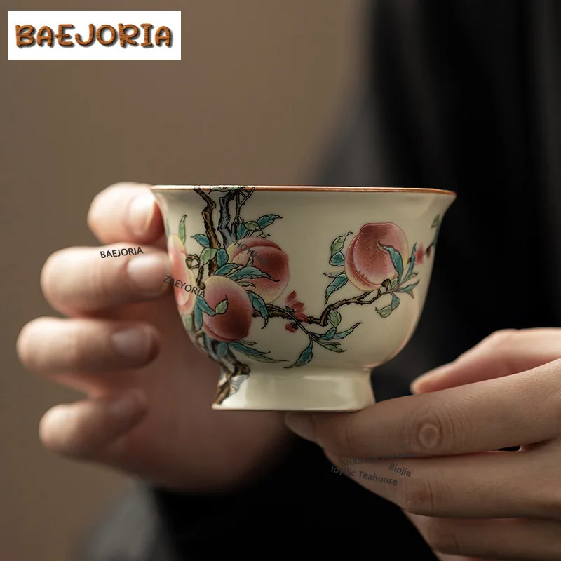BAEJORIA 2pc/lot Antique Ru Kiln Porcelain Teacup Nine Peach High Footed Cup Personal Master Cup Tasting Mug Tea Bowl Gift 70ml