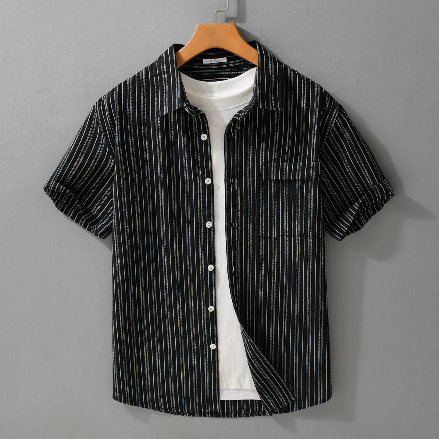 

Color Woven Stripe Short Sleeve Cotton Casual Shirt Men's Summer New Style Slimming Texture Fashionable Button up Shirt