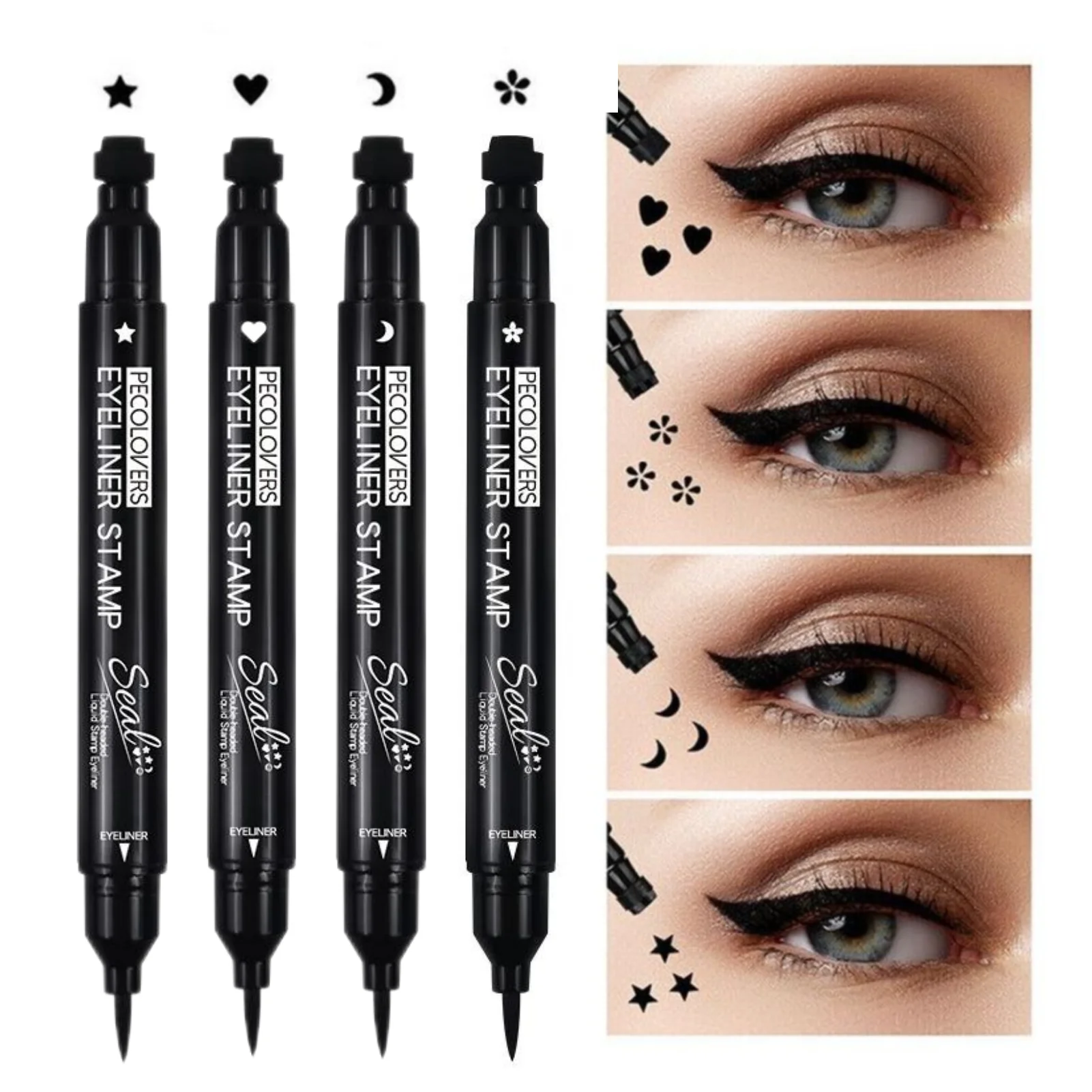 Double-head Liquid Eyeliner Pen with Stamps, Natural Finish Waterproof Quick-drying Long-lasting, Friendly Beginner Eye Beauty