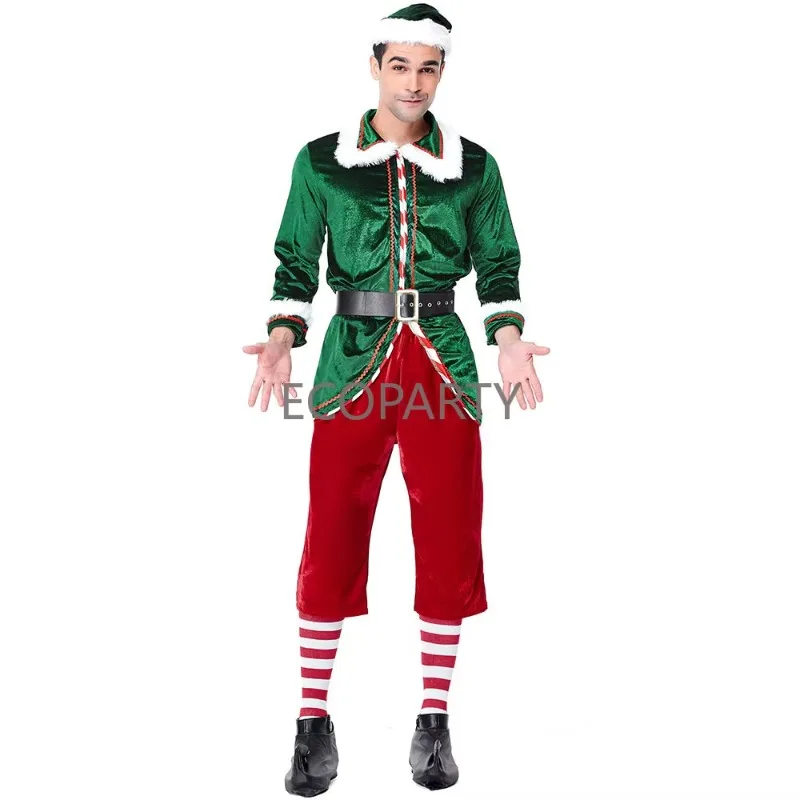 Men Christmas Santa Claus Costume Green Elf Cosplay Family Christmas Party New Year Fancy Dress Clothes Set For Adult