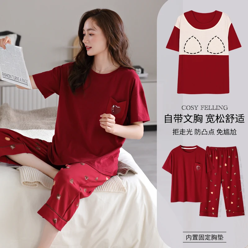 High Quality Summer Women100% Cotton Sleepwear With Chest Pad Female Short Top+Calf-Length Pant Pyjamas