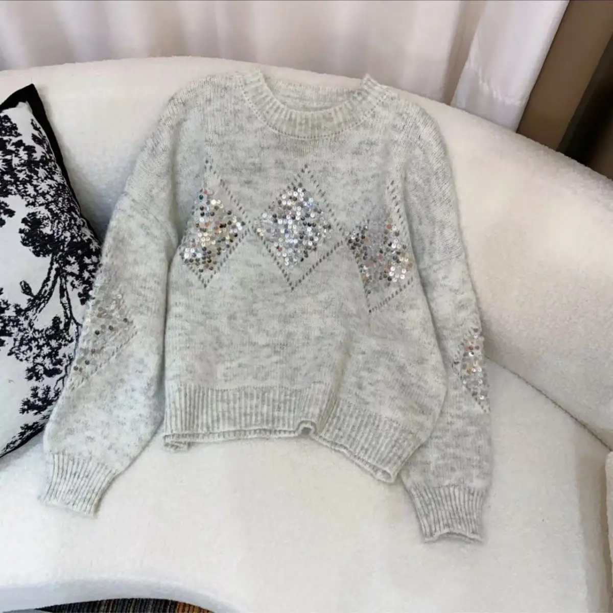 

Gagaok 2026, шерстяной осенне-зимний вязаный свитер с бриллиантами для тяжелой промышленности, новый свободный мягкий липкий свитер в ленивом стиле для женщин