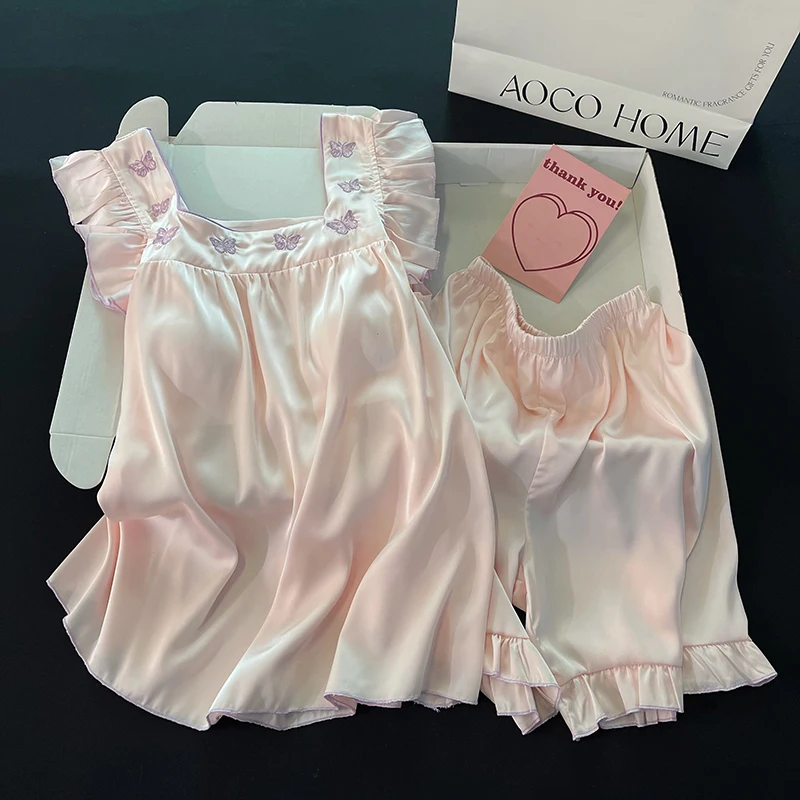 DAIMELU Pink butterfly pajamas girls new summer ice silk cool small fly sleeves sweet sexy suspender shorts loungewear