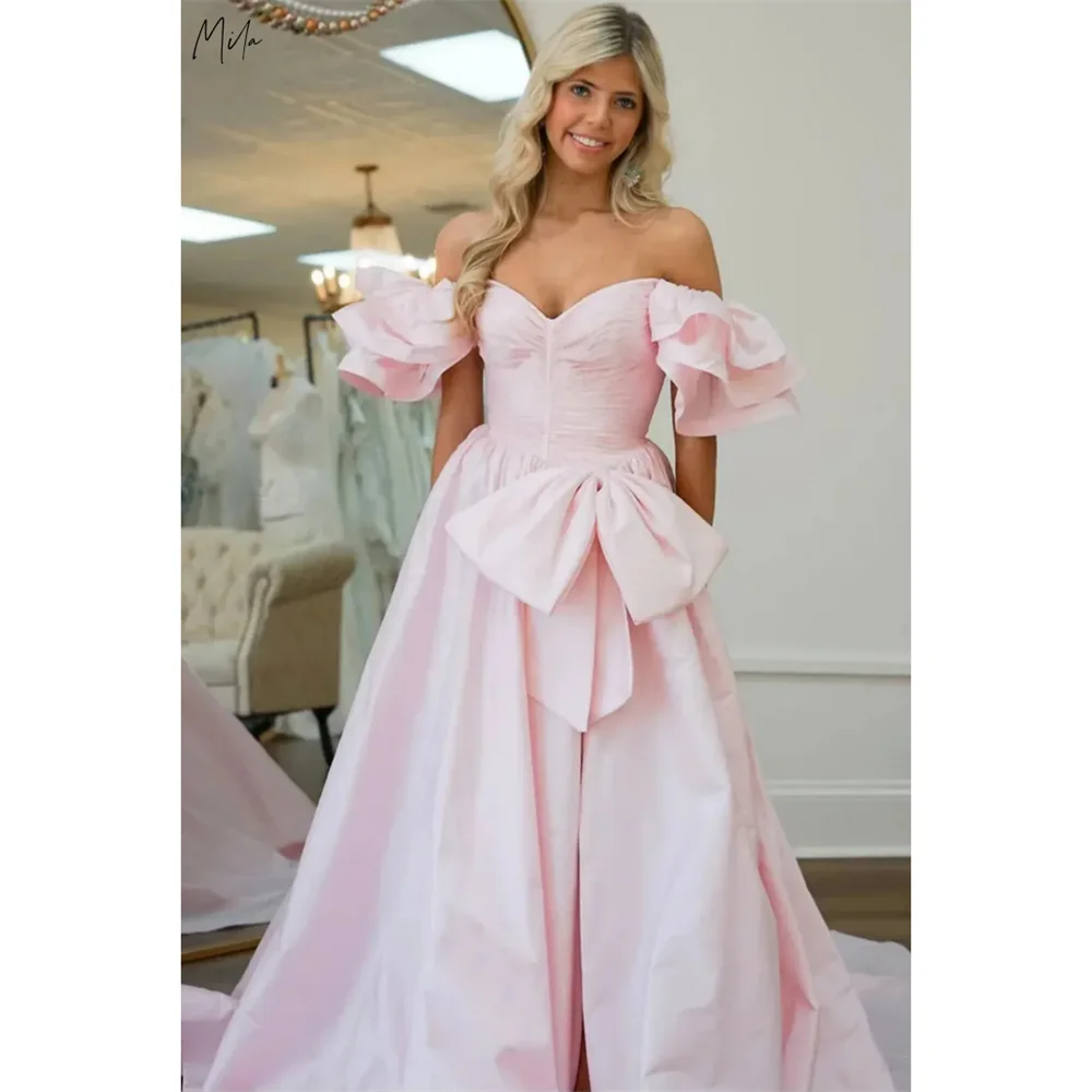 

Mila Pink Split Simple Prom Dress Customized Bow Strapless Luxurious Evening Woman Dresses Cathedral Train vestidos de fiesta